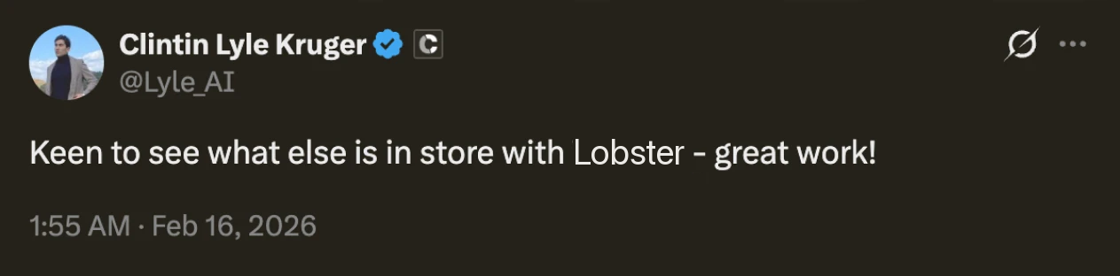 Tweet by Clintin Lyle Kruger excited about Lobster